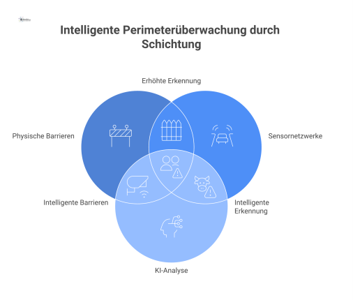 Infografik eines mehrschichtigen Perimeterschutzes, bei dem ein Eindringling an einer äußeren physischen Barriere von Sensoren wie Lidar und Kameras erfasst wird. In der Mitte analysiert ein KI-Hub di
