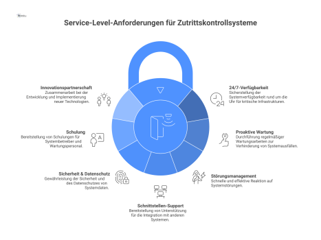  Infografik-Diagramm der Service-Level-Anforderungen für ein Zutrittskontrollsystem. Ein zentraler Knotenpunkt ist von sieben Kernbereichen umgeben: 24/7-Verfügbarkeit, proaktive Wartung, Störungsmana