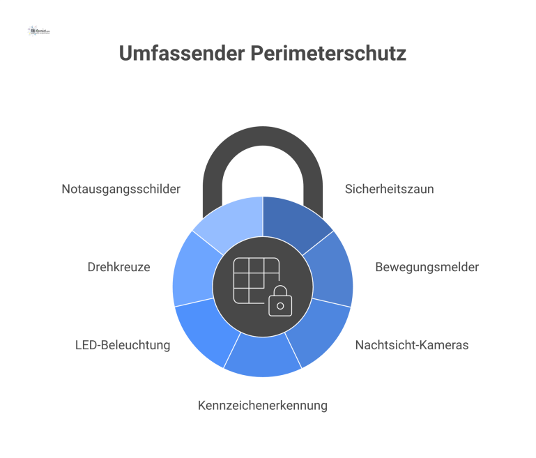 Umfassender Perimeterschutz Diagramm eines umfassenden Perimeterschutzes. Dargestellt ist ein Areal, das von einem Sicherheitszaun mit Alarmdrähten, Bewegungsmeldern und Nachtsicht-Kameras umgeben ist. Eine Zufahrt ist mit einer