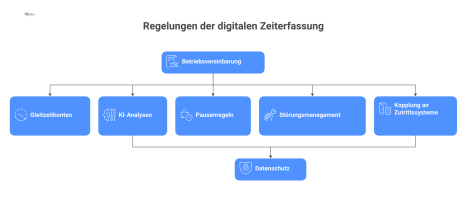 Ein Diagramm zur Betriebsvereinbarung für eine digitale Zeiterfassung. Das zentrale Element 'Betriebsvereinbarung' ist mit fünf Themenbereichen verbunden: Gleitzeitkonten, KI-Analysen, Pausenregeln, S