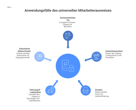 Eine Infografik im Hub-and-Spoke-Stil. Im Zentrum ist ein Icon, das einen universellen Mitarbeiterausweis als Karte und auf einem Smartphone symbolisiert. Von diesem Zentrum gehen Linien zu fünf weite