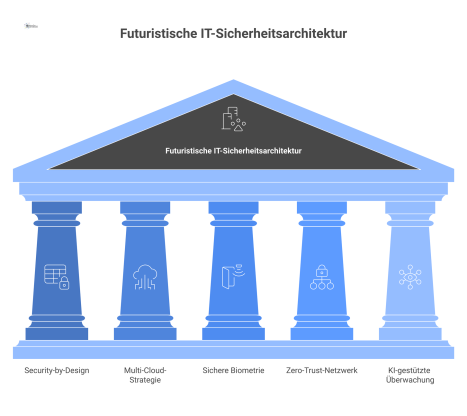 Diagramm einer futuristischen IT-Sicherheitsarchitektur, die auf fünf vernetzten Säulen ruht: Security-by-Design mit Verschlüsselung, Multi-Cloud-Strategie mit verteilten Daten, sichere Biometrie mit 