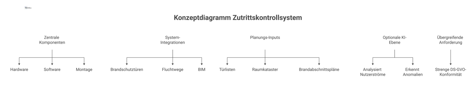Konzeptdiagramm, das die Struktur eines modernen Zutrittskontrollsystems darstellt. Es zeigt die zentralen Komponenten Hardware, Software und Montage, die Integration in Brandschutztüren, Fluchtwege u