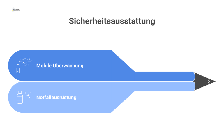 Infografik Sicherheitsausstattung Infografik zur Sicherheitsausstattung, unterteilt in die zwei Bereiche 'Mobile Überwachung' mit Piktogrammen für Drohne, tragbare Kamera und Sensoren, und 'Notfallausrüstung' mit Piktogrammen für Feue