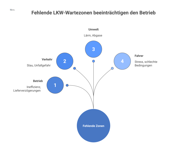 Negative Auswirkungen fehlender LKW-Wartezonen Infografik über die negativen Auswirkungen fehlender LKW-Wartezonen. Ein zentrales Element illustriert das Problem, von dem vier Konsequenzen ausgehen: Betrieb & Kosten, Verkehr & Sicherheit, Umwelt s