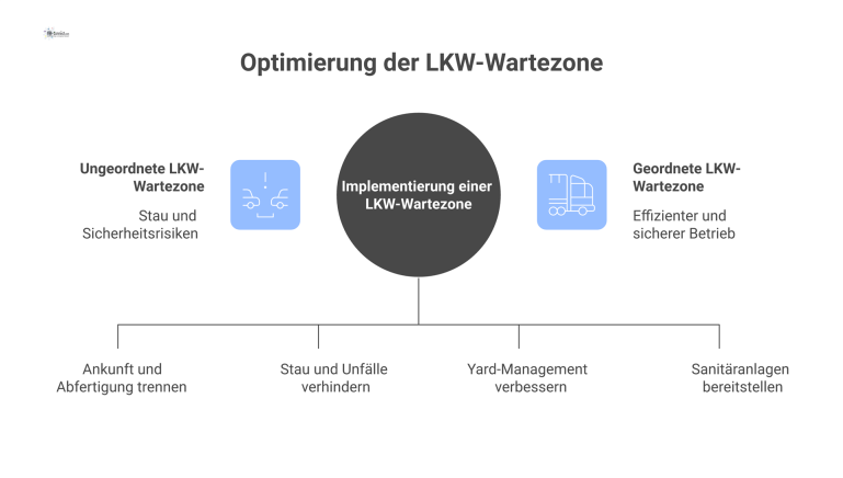 LKW-Wartezone vor einem Industriewerk Infografik einer LKW-Wartezone vor einem Industriewerk, die als Puffer für wartende LKW dient. Die vier Hauptfunktionen werden visualisiert: 1. Entkopplung von Ankunft und Abfertigung, 2. Sicherheit d