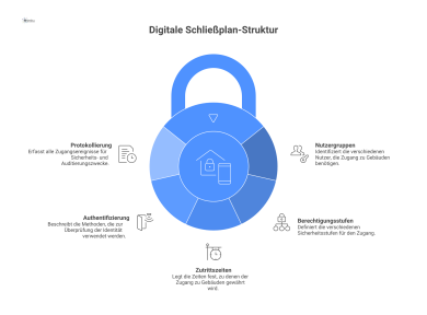  Infografik, die die Struktur eines modernen, digitalen Schließplans darstellt. Sie zeigt vier zentrale Komponenten: Nutzergruppen (Mitarbeiter, Besucher), Berechtigungsstufen (Standard, Hochsicherhei