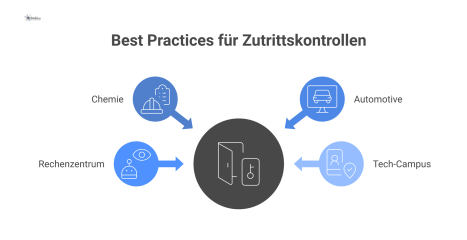 Infografik, die vier Best-Practice-Beispiele für Zutrittskontrollen darstellt: 1. Ein Fremdfirmen-Portal in der Chemiebranche. 2. Eine SAP-Integration im Automotive-Sektor. 3. Das 4-Augen-Prinzip in e