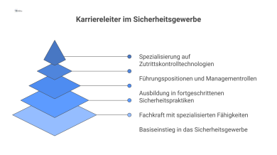 Eine aufsteigende Pyramide, die die Karriereleiter im deutschen Sicherheitsgewerbe darstellt. Die Stufen von unten nach oben sind: Sachkundeprüfung §34a, Geprüfte Schutz- und Sicherheitskraft, Fachkra