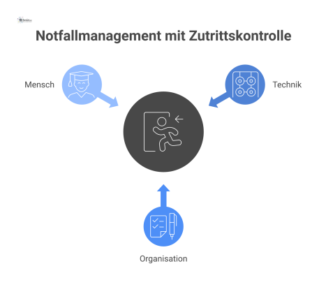 Infografik zu Best Practices für Notfallmanagement mit Zutrittskontrolle. Die Grafik zeigt ein zentrales System, das auf den drei Säulen Technik, Organisation und Mensch basiert. Ziel ist ein kontinui