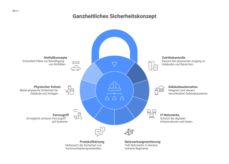 Diagramm eines ganzheitlichen Sicherheitskonzepts zur Absicherung der Schnittstellen zwischen Zutrittskontrolle, Gebäudeautomation und IT-Netzwerken. Es zeigt zentrale Systeme, die von Schutzschichten