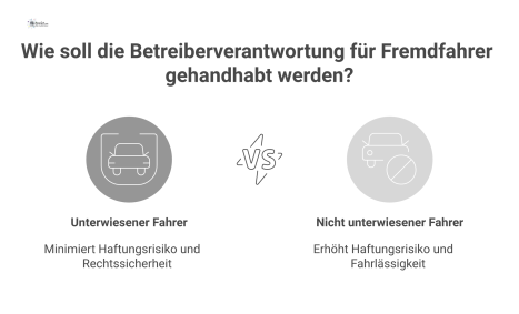 Infografik zur Betreiberverantwortung für Fremdfahrer, die zwei Szenarien vergleicht. Der erste Pfad zeigt einen unterwiesenen Fahrer, was zu minimiertem Haftungsrisiko und Rechtssicherheit führt, dar