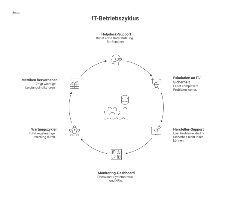 Infografik eines IT-Betriebskonzepts, die eine Support-Eskalationskette von Helpdesk über Security/IT bis zum Hersteller zeigt. Sie enthält auch ein Monitoring-Dashboard, Wartungszyklen und die Kern-M