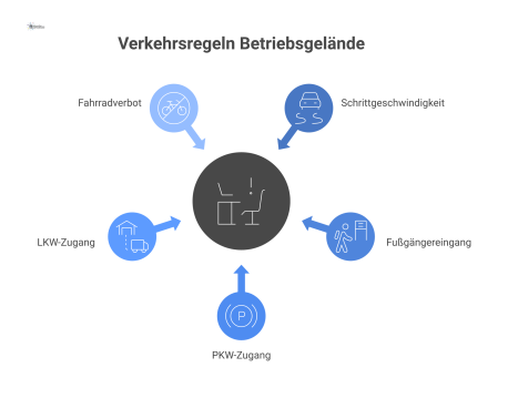 Infografik, die die Verkehrsregeln auf einem Betriebsgelände mit Piktogrammen darstellt. Die Regeln umfassen: Schrittgeschwindigkeit für alle Fahrzeuge, Zutritt für Fußgänger nur mit Ausweis an design