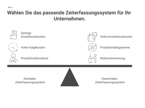 Infografik, die zentrale und dezentrale Zeiterfassungssysteme vergleicht. Die zentrale Erfassung hat geringe Investitionskosten, aber hohe Folgekosten durch Produktivitätsverlust. Die dezentrale, arbe