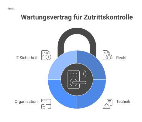 Infografik, die einen Wartungsvertrag für Zutrittskontrolle als zentralen Knotenpunkt darstellt. Um diesen Punkt sind vier Säulen angeordnet, die ein Spannungsfeld bilden: RECHT (Haftung, Vertragstype