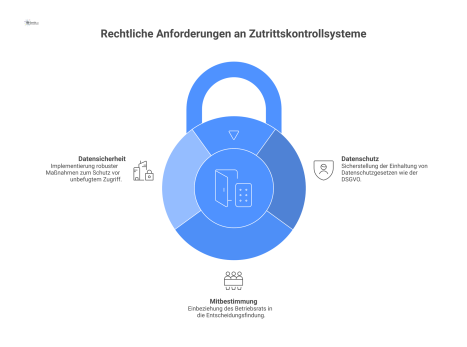 Diagramm der rechtlichen Anforderungen an ein Zutrittskontrollsystem. Das System steht im Zentrum und wird von drei Säulen gestützt: Datenschutz (mit DSGVO und Zweckbindung), Mitbestimmung (durch den 