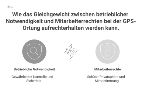 Infografik zum Datenschutz bei der GPS-Ortung von Sicherheitspersonal. Eine Waage symbolisiert die Balance zwischen betrieblicher Notwendigkeit und den Rechten der Mitarbeiter. Auf der Mitarbeiterseit