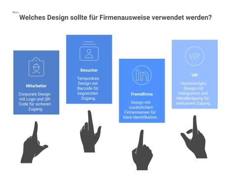 Infografik, die vier verschiedene Designs von Firmenausweisen für unterschiedliche Zugangsrechte vergleicht: 1. Mitarbeiter mit Corporate Design, Logo und QR-Code. 2. Besucher mit temporärem Design un