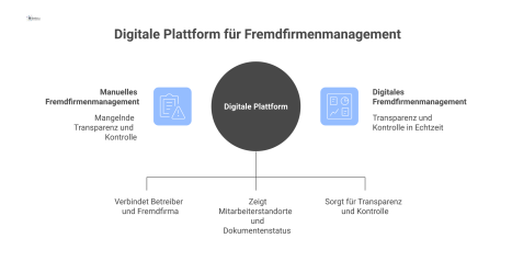 Infografik einer digitalen Plattform für Fremdfirmenmanagement, die ein zentrales Cockpit zur Verbindung von Betreiber und Fremdfirma zeigt. Das Cockpit visualisiert Live-Daten wie Mitarbeiterstandort