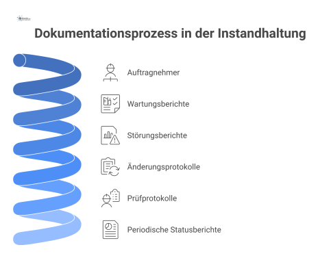 Infografik, die den Dokumentationsprozess in der Instandhaltung darstellt. Im Zentrum befindet sich der Auftragnehmer, von dem Pfeile zu den für den Auftraggeber erstellten Dokumententypen führen: War