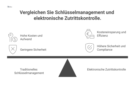 Infografik, die traditionelles Schlüsselmanagement und moderne Zutrittskontrolle vergleicht. Links ist ein Haufen Metallschlüssel mit Symbolen für hohe Kosten abgebildet, rechts eine einzelne Chipkart