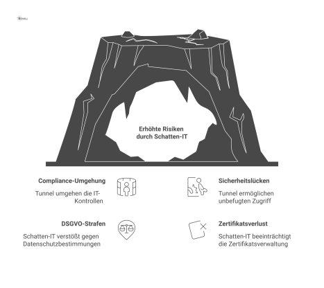 Infografik einer Firma als Festung, die von einer Mauer namens 'Compliance' geschützt wird. Die IT-Abteilung bewacht das Haupttor, während andere Abteilungen als 'Schatten-IT' Tunnel unter der Mauer g