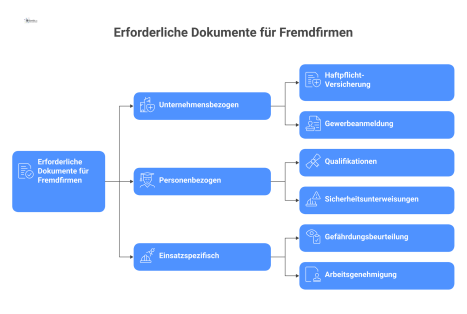 Mindmap mit dem zentralen Thema 'Erforderliche Dokumente für Fremdfirmen'. Davon abzweigend gibt es drei Hauptkategorien: 'Unternehmensbezogen' mit Unterpunkten wie Haftpflicht-Versicherung, 'Personen