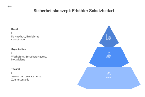 Säulendiagramm zum Sicherheitskonzept 'Erhöhter Schutzbedarf'. Dargestellt sind drei Säulen mit den Titeln 'Technik', 'Organisation' und 'Recht'. Die Säule Technik enthält die Punkte verstärkter Zaun,