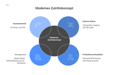 Diagramm eines modernen Zutrittskonzepts, das in vier Quadranten unterteilt ist. Jeder Quadrant repräsentiert eine Nutzergruppe mit zugehöriger Technologie: 1. Externe mit QR-Code. 2. Produktion mit R