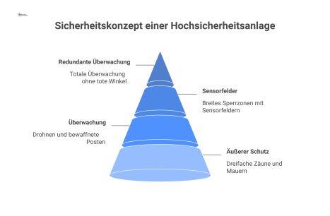Technisches Diagramm des mehrschichtigen Sicherheitskonzepts einer Hochsicherheitsanlage, das den militärischen Perimeterschutz mit dreifachen Zäunen, Mauern, Wachtürmen, Sperrzonen mit Sensorfeldern,