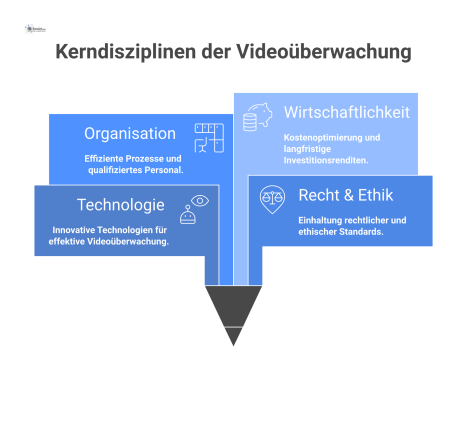Eine Mindmap, die das Spannungsfeld der professionellen Videoüberwachung darstellt. Das zentrale Thema ist 'Videoüberwachung', von dem vier Hauptäste abzweigen: Technologie (mit KI, Cloud), Recht & Et