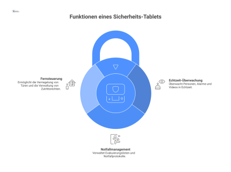 Infografik-Diagramm, das ein Sicherheits-Tablet als zentrale Steuereinheit zeigt. Davon gehen drei Hauptfunktionen aus: Echtzeit-Überwachung (Icons für Personen-Tracking, Alarmmeldungen, Video), Notfa