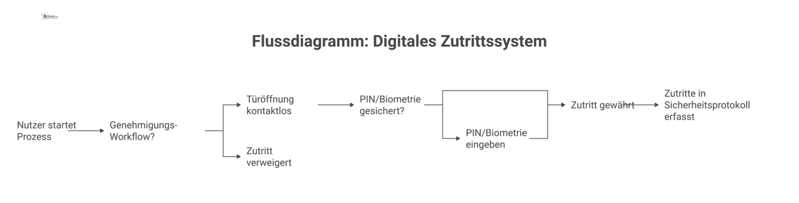 Flussdiagramm, das den Prozess eines digitalen Zutrittssystems darstellt. Der Prozess beginnt mit der Anforderung von Zutrittsrechten per Smartphone-App. Nach einem Genehmigungs-Workflow erfolgt die T