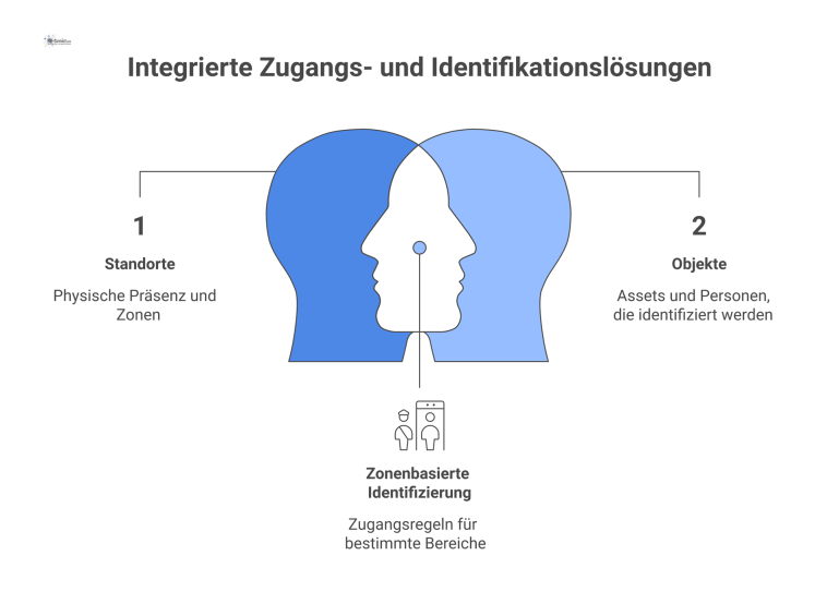 Zentrales Schaubild eines Zugangs- und Identifikationssystems im Facility Management, das die Beziehungen zu Standorten, Objekten, Technologien und Normen darstellt. Logische IT-Zugänge und Videoüberw