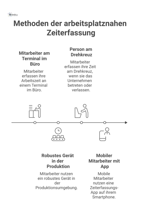 Infografik, die im Stil eines Querschnitts durch ein Unternehmen verschiedene Methoden der arbeitsplatznahen Zeiterfassung darstellt. Zu sehen sind ein Mitarbeiter an einem Terminal im Büro, ein robus
