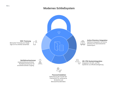 Diagramm eines modernen Schließsystems, das als zentraler Hub fungiert. Es visualisiert die Integration von Active Directory sowie HR- und FM-Systemen für den automatisierten Datenimport. Hervorgehobe