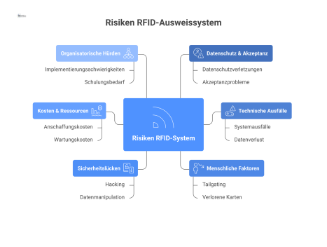 Eine Mindmap zu den Risiken eines RFID-Ausweissystems. Im Zentrum steht 'Risiken RFID-System' und es gibt Verzweigungen zu den Kategorien Datenschutz & Akzeptanz, Technische Ausfälle, Menschliche Fakt