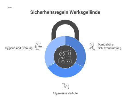Eine Infografik, die die Sicherheits- und Verhaltensregeln auf einem Werksgelände zusammenfasst. Sie enthält Piktogramme für persönliche Schutzausrüstung (Helm, Schuhe, Weste), Verbote (Alkohol, Rauch