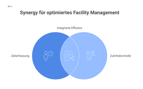 Infografik, die die Integration von Zeiterfassung und Zutrittskontrolle visualisiert. Ein zentraler System-Hub verbindet über Pfeile verschiedene Icons: eine Person am Gebäudeeingang für die automatis