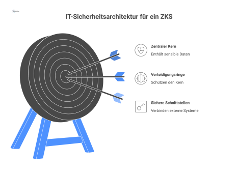 Diagramm einer IT-Sicherheitsarchitektur für ein Zutrittskontrollsystem (ZKS). Es zeigt einen zentralen, gehärteten On-Premise-Kern, der von Verteidigungsringen wie Firewalls und Netzwerksegmentierung