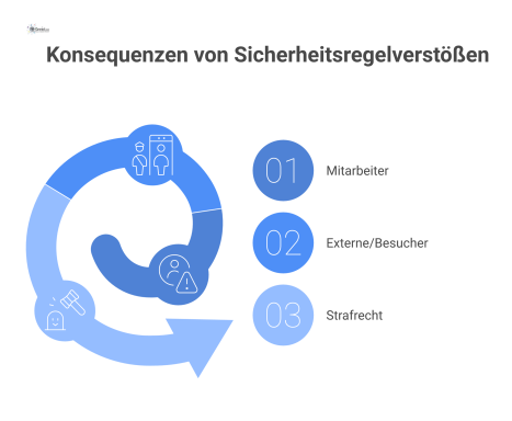 Flussdiagramm zu den Konsequenzen von Sicherheitsregelverstößen, unterteilt in drei Pfade. Pfad eins für Mitarbeiter zeigt die Eskalation von Ermahnung über Abmahnung bis zur Kündigung. Pfad zwei für 