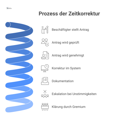 Flussdiagramm, das den Prozess der Zeitkorrektur darstellt. Es beginnt mit dem Korrekturantrag eines Beschäftigten, der von Zeitbeauftragten und Vorgesetzten geprüft wird. Bei Genehmigung erfolgt die 