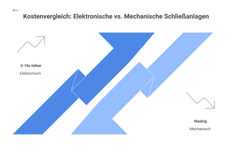Liniendiagramm, das die Gesamtkosten von elektronischen und mechanischen Schließanlagen über die Zeit in Jahren vergleicht. Die Linie für mechanische Anlagen startet niedrig, steigt aber stetig an, wä