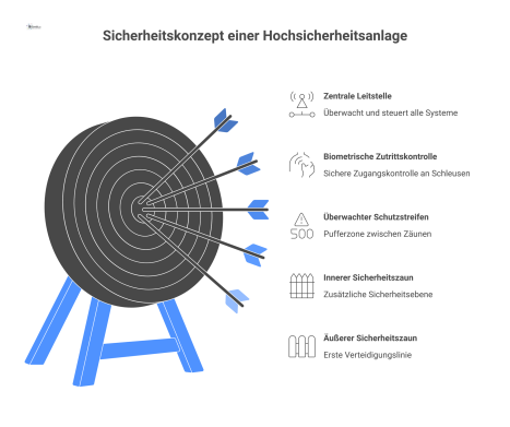 Diagramm einer Hochsicherheitsanlage (KRITIS) mit einem mehrzonigen Perimeterschutz. Es zeigt einen äußeren und inneren Sicherheitszaun, einen überwachten Schutzstreifen dazwischen, sowie Sicherheitse