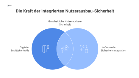 Infografik eines vernetzten Sicherheitskonzepts. Ein zentraler Hub ist mit Symbolen für RFID, Biometrie und Smartphone für die Zutrittskontrolle verbunden. Linien zeigen die Vernetzung zu Bereichen wi