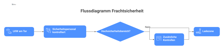 Flussdiagramm Frachtsicherheit Flussdiagramm, das den Prozess der Frachtsicherheit darstellt. Es zeigt die Schritte von der Kontrolle eines LKW am Tor über die Fahrt zur Ladezone bis hin zu einem separaten Pfad für Hochsicherheitsb