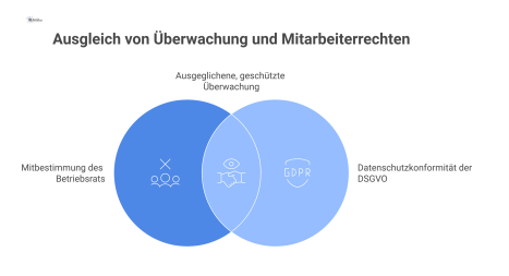 Eine Infografik, die den Prozess der Kontrolle bei der Videoüberwachung am Arbeitsplatz darstellt. Kameras sind auf Mitarbeiter gerichtet, aber der Betriebsrat und der Datenschutzbeauftragte stehen al