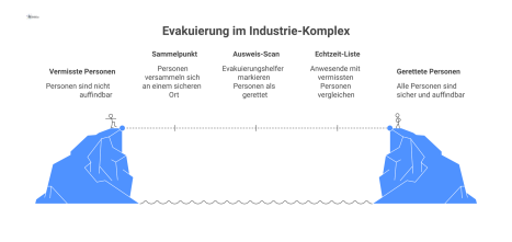 Infografik, die den Evakuierungsprozess in einem Industrie-Komplex darstellt. Man sieht Evakuierungshelfer in Warnwesten, die an einem Sammelpunkt Tablets verwenden