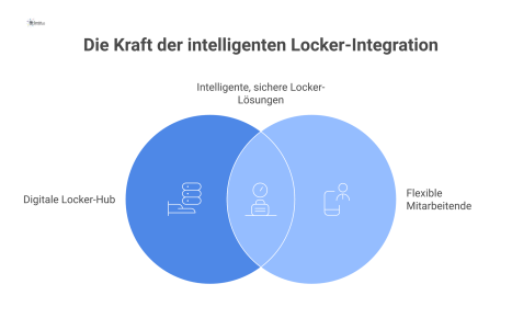 Infografik über intelligentes Locker-Management. Ein zentraler Cloud-Hub ist mit Spinden und Mitarbeitenden verbunden, die per App oder RFID-Karte zugreifen. Die Integration von HR und Teams sowie die